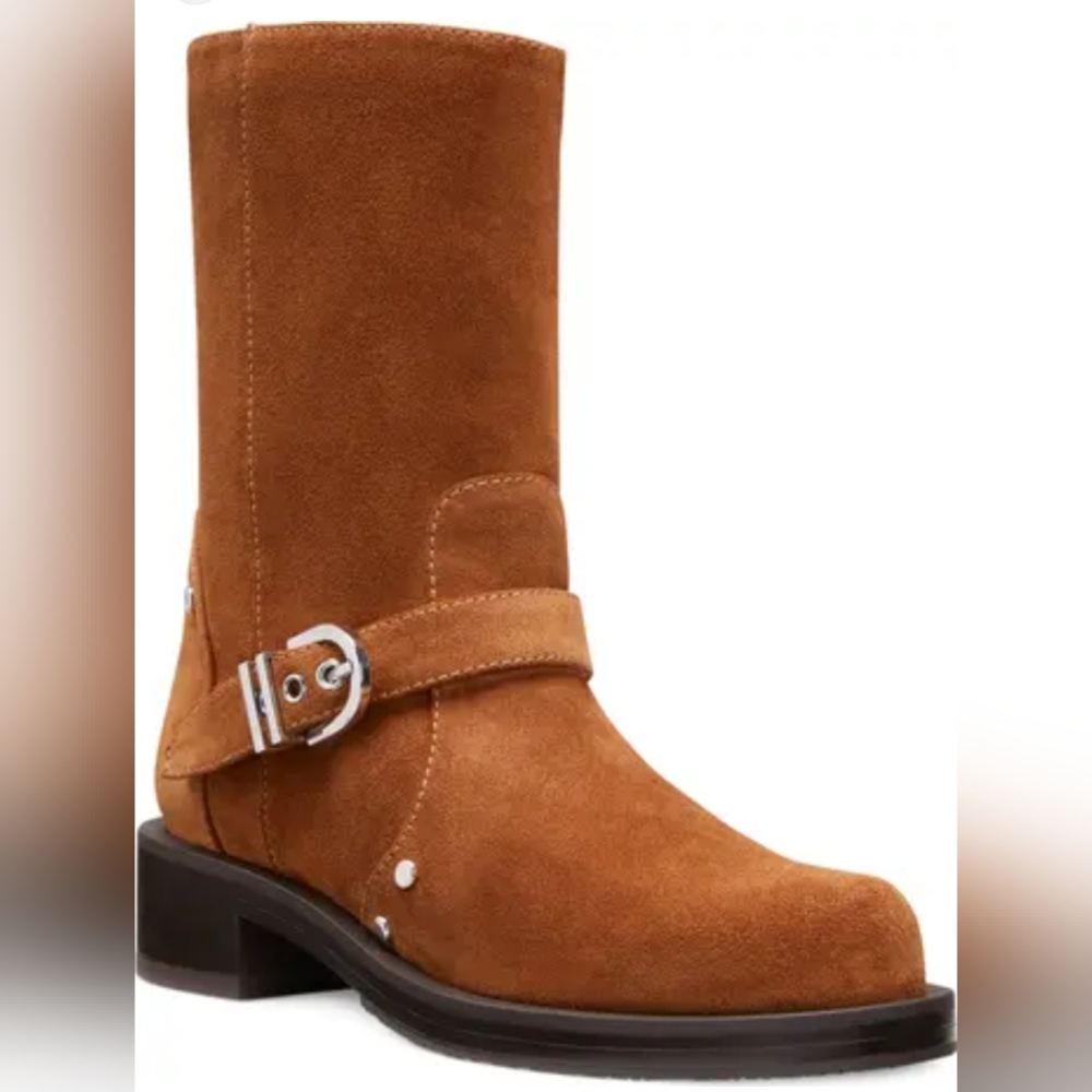 Stuart Weitzman Maverick Buckle Biker Boot Color Doe Brown Suede